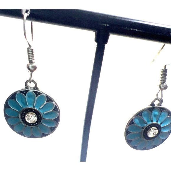 Vintage Pierced Earrings Blue Drop Dangle Crystal Floral Enamel Silver Tone - Picture 2 of 6